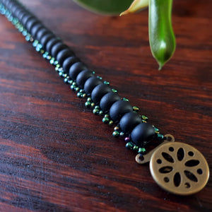 Temple Tree Boho Glass Bead Caterpillar Weave Bracelet - Matte Black and Galactic Green