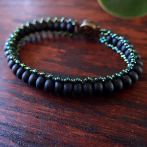 Temple Tree Boho Glass Bead Caterpillar Weave Bracelet - Matte Black and Galactic Blue or Green