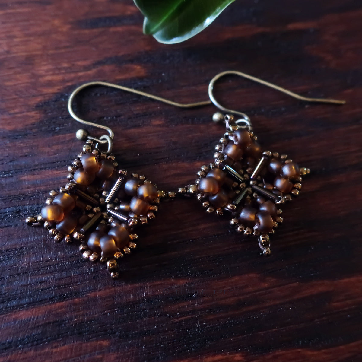Temple Tree Quatrefoil Mandala Beaded Earrings - Matte Brown and Bronze
