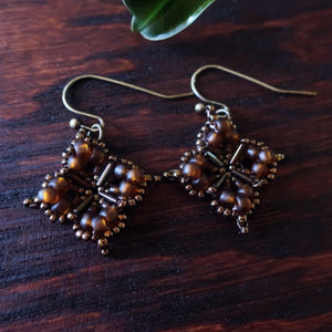 Temple Tree Quatrefoil Mandala Beaded Earrings - Matte Brown and Bronze