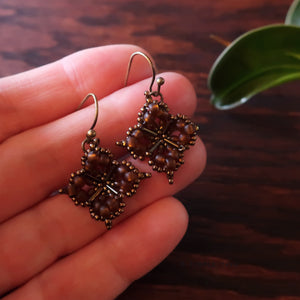 Temple Tree Quatrefoil Mandala Beaded Earrings - Matte Brown and Bronze