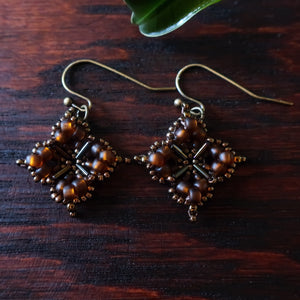 Temple Tree Quatrefoil Mandala Beaded Earrings - Matte Brown and Bronze