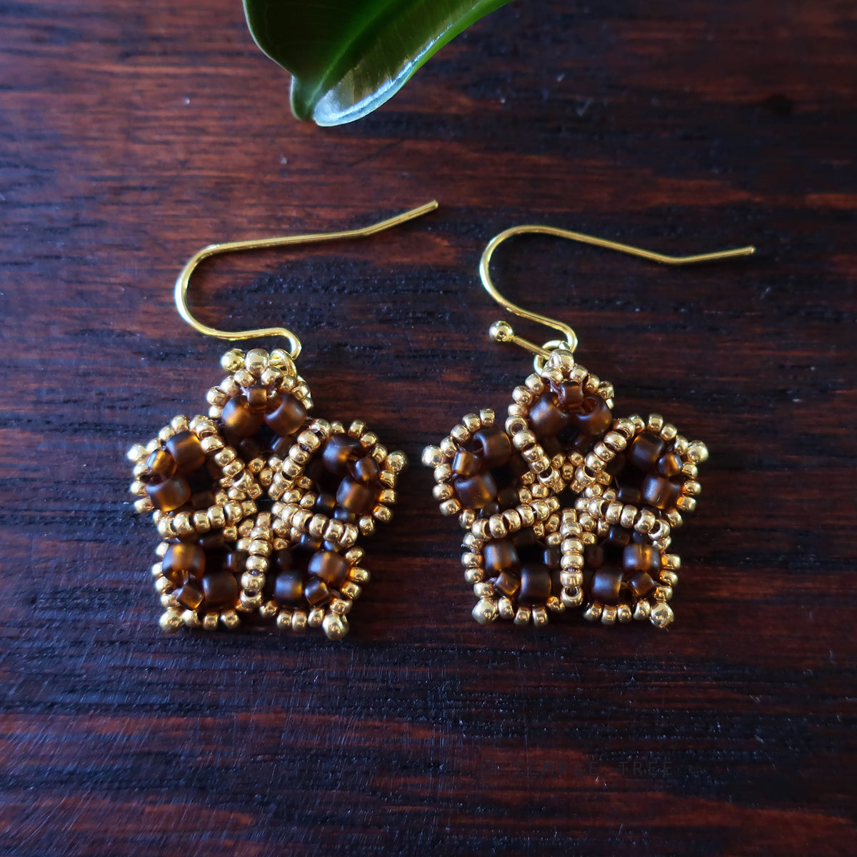 Temple Tree Mandala Flower Beaded Earrings - Matte Brown and Gold