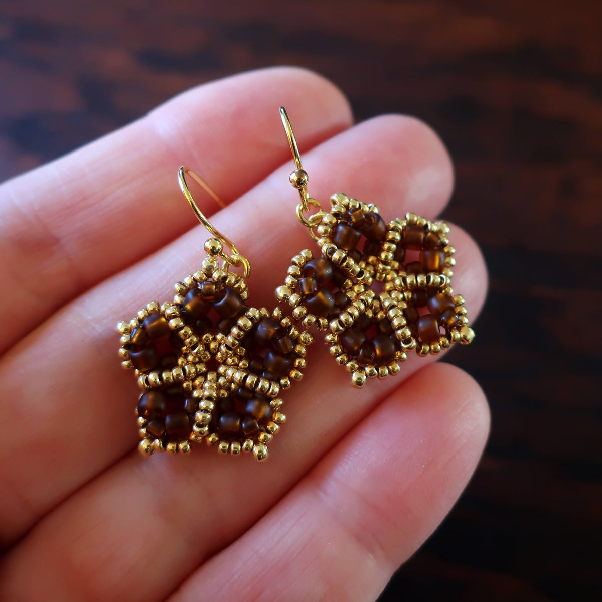 Temple Tree Mandala Flower Beaded Earrings - Matte Brown and Gold