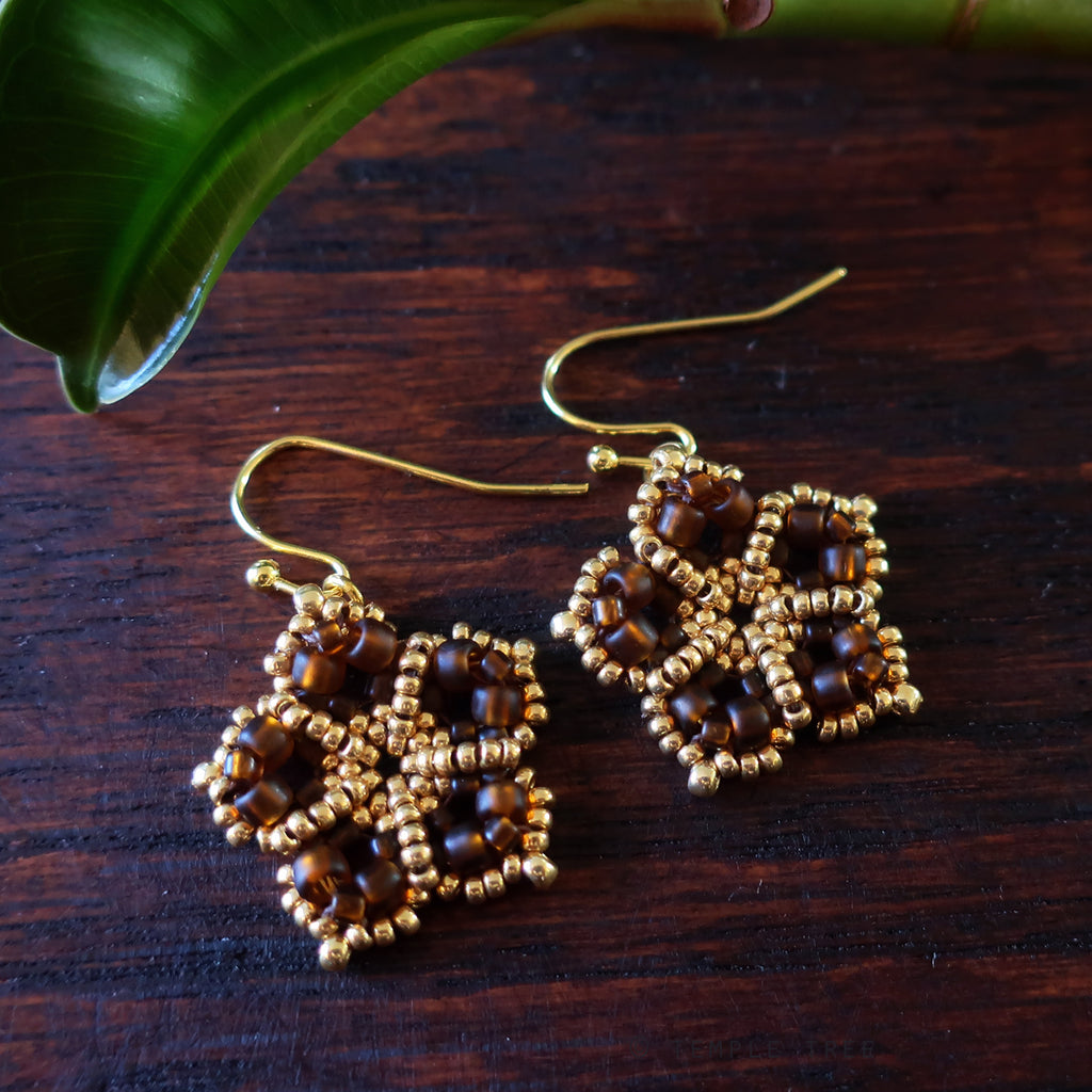 Temple Tree Mandala Flower Beaded Earrings - Matte Brown and Gold