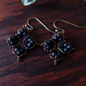Temple Tree Quatrefoil Mandala Beaded Earrings - Matte Black and Bronze