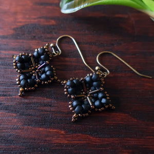 Temple Tree Quatrefoil Mandala Beaded Earrings - Matte Black and Bronze