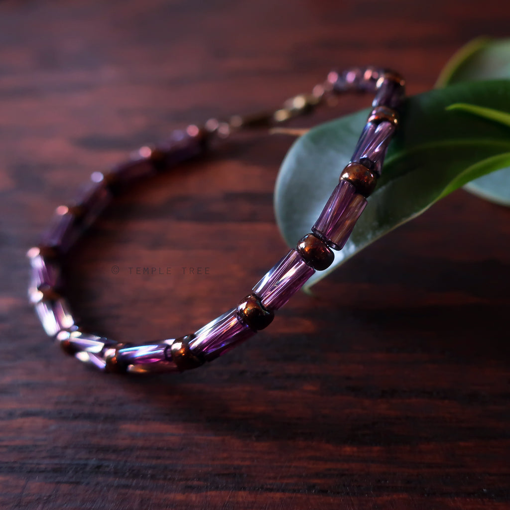 Temple Tree Bamboo Weave Beaded Bugle Bracelet - Sugar Plum - Bronze