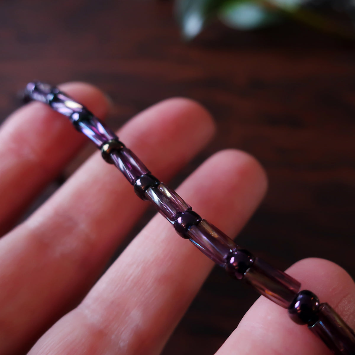 Temple Tree Bamboo Weave Beaded Bugle Bracelet - Sugar Plum - Purple