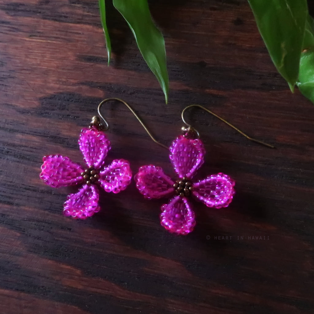 Heart in Hawaii Mini Beaded Dogwood Quatrefoil Earrings - Fuchsia