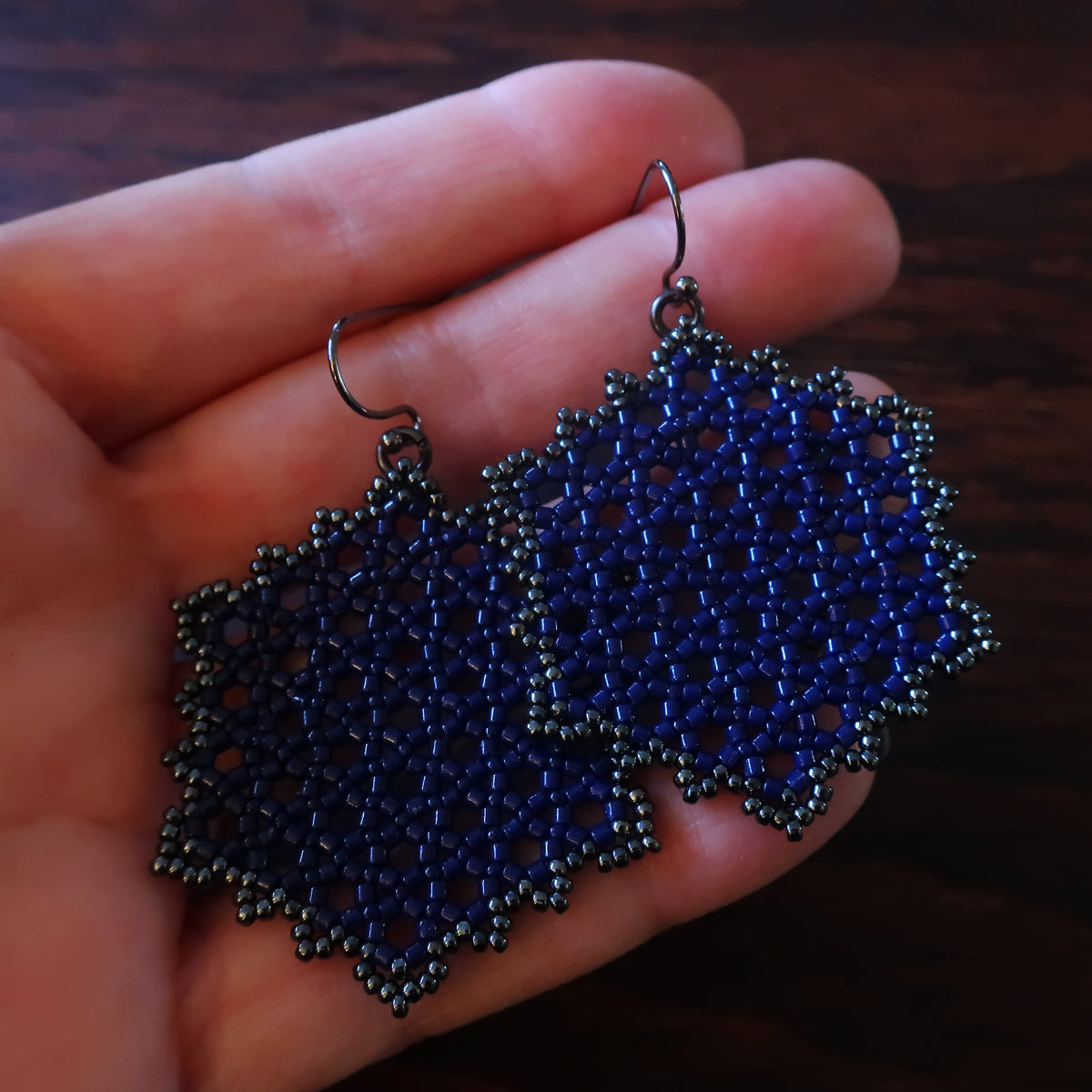 Temple Tree Hexagon Mandala Earrings - Navy and Hematite - Large