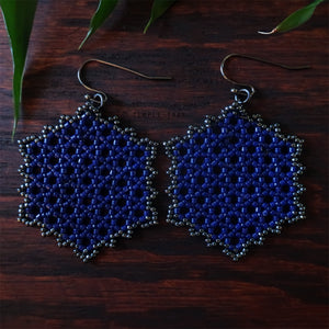 Temple Tree Hexagon Mandala Earrings - Navy and Hematite - Large