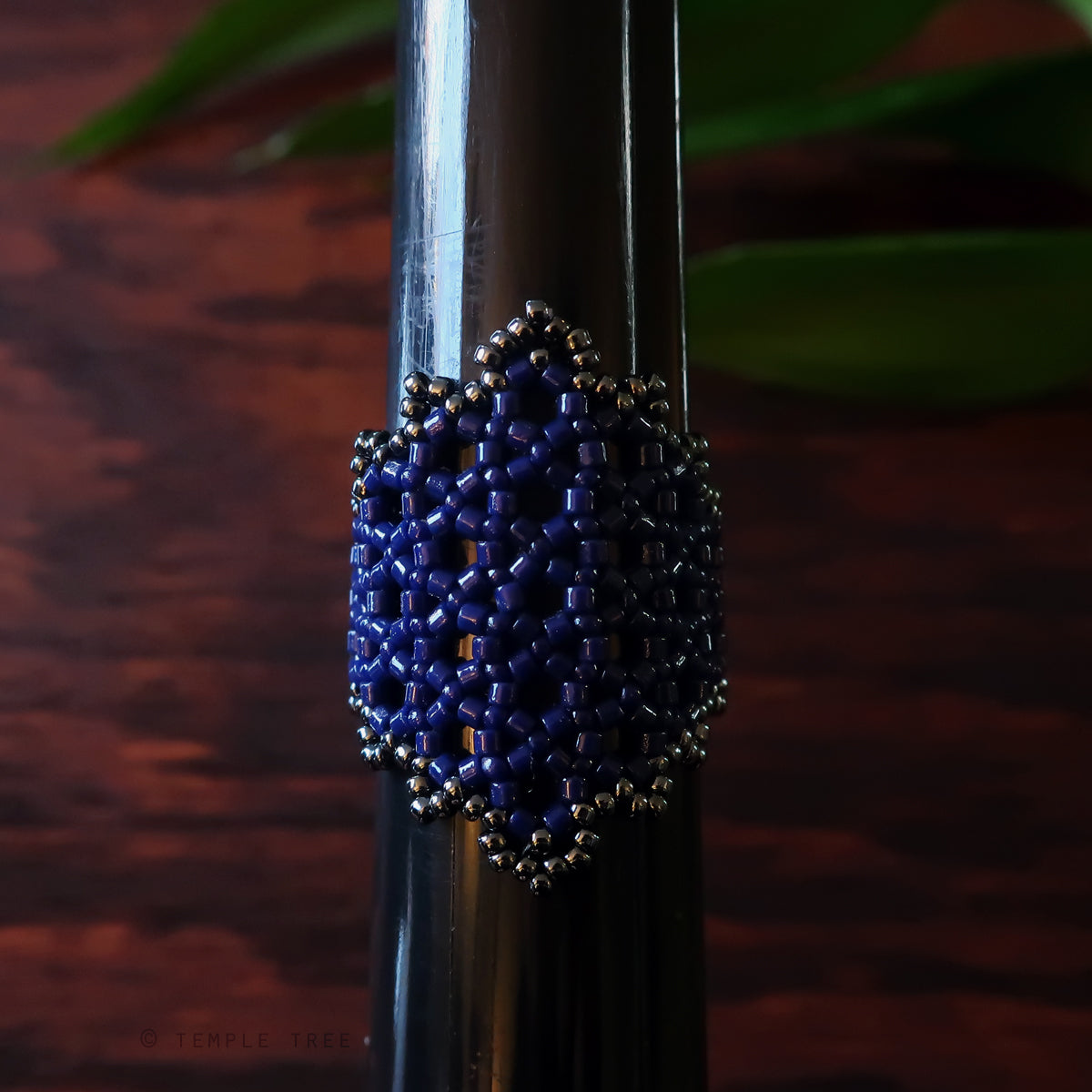 Temple Tree Hexagon Mandala Beaded Ring - Navy and Hematite