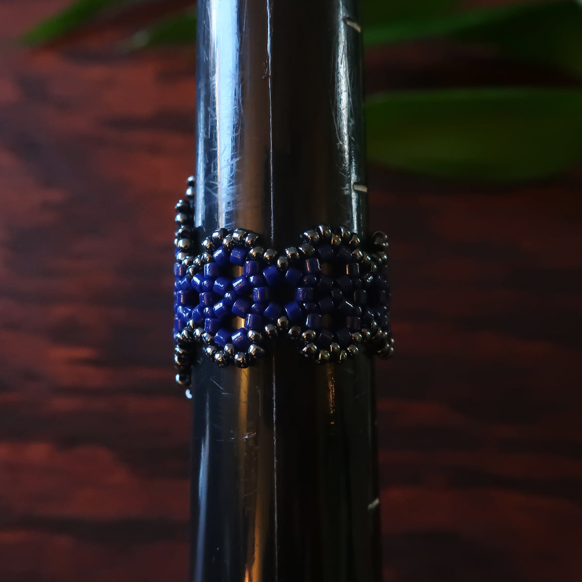 Temple Tree Hexagon Mandala Beaded Ring - Navy and Hematite