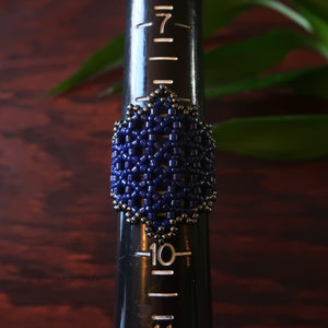 Temple Tree Hexagon Mandala Beaded Ring - Navy and Hematite