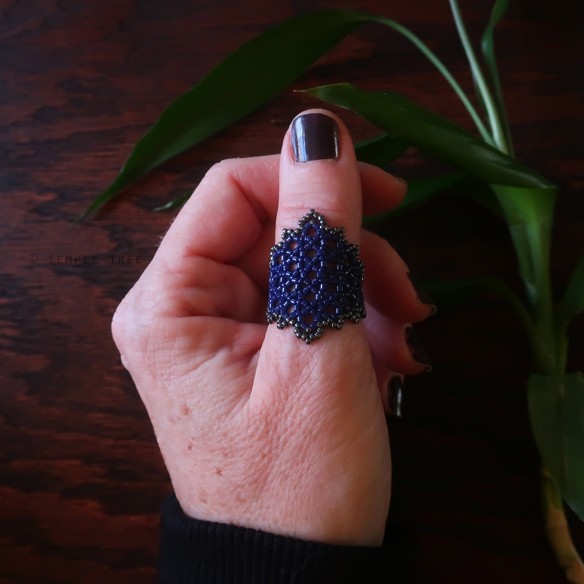 Temple Tree Hexagon Mandala Beaded Ring - Navy and Hematite