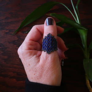 Temple Tree Hexagon Mandala Beaded Ring - Navy and Hematite