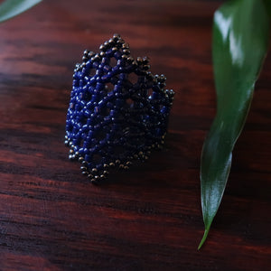 Temple Tree Hexagon Mandala Beaded Ring - Navy and Hematite
