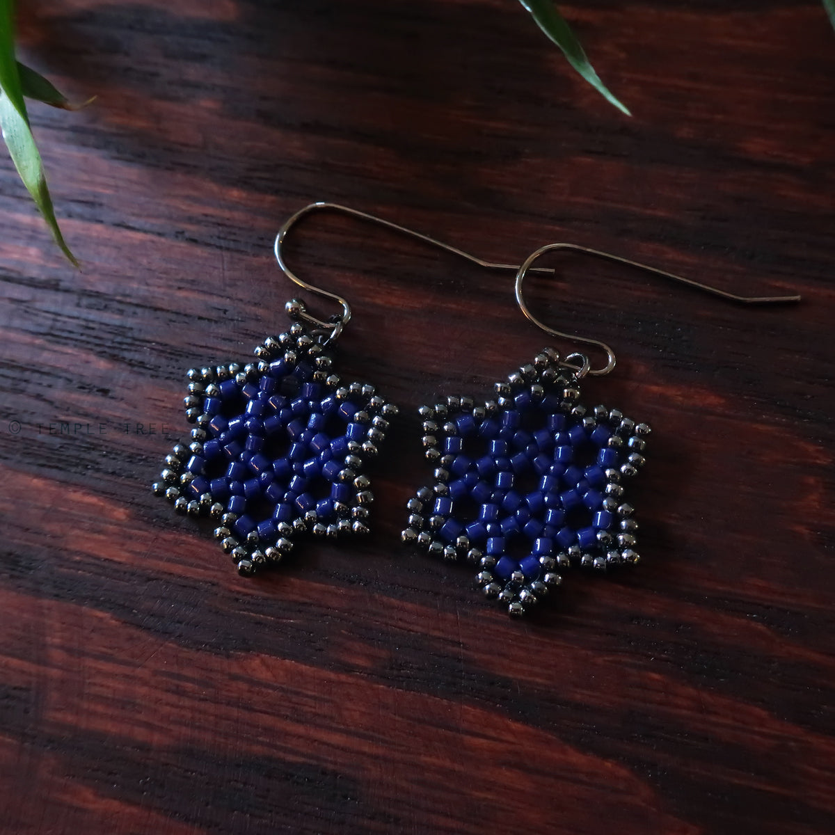 Temple Tree Hexagon Mandala Earrings - Navy and Hematite - Tiny