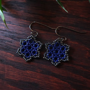 Temple Tree Hexagon Mandala Earrings - Navy and Hematite - Tiny