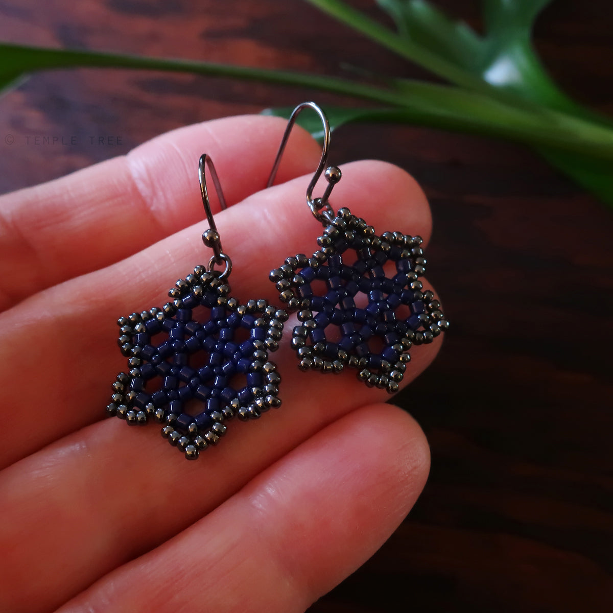 Temple Tree Hexagon Mandala Earrings - Navy and Hematite - Tiny
