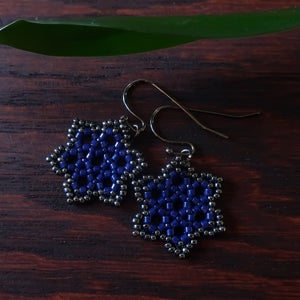 Temple Tree Hexagon Mandala Earrings - Navy and Hematite - Tiny