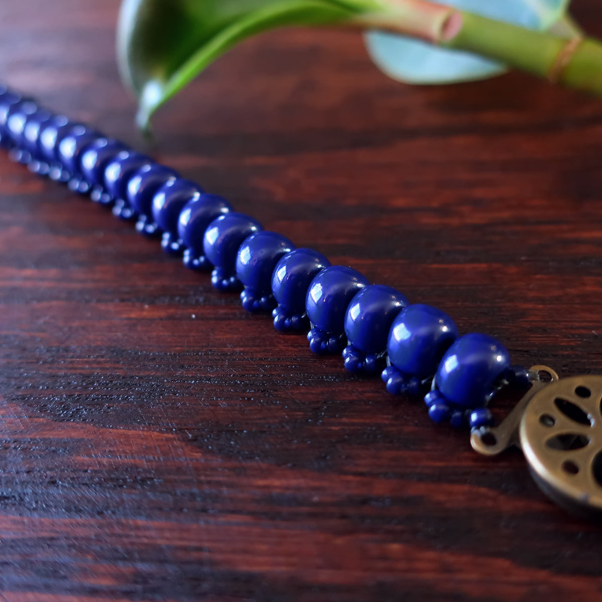 Temple Tree Bohemian Glass Bead Caterpillar Weave Bracelet - Navy