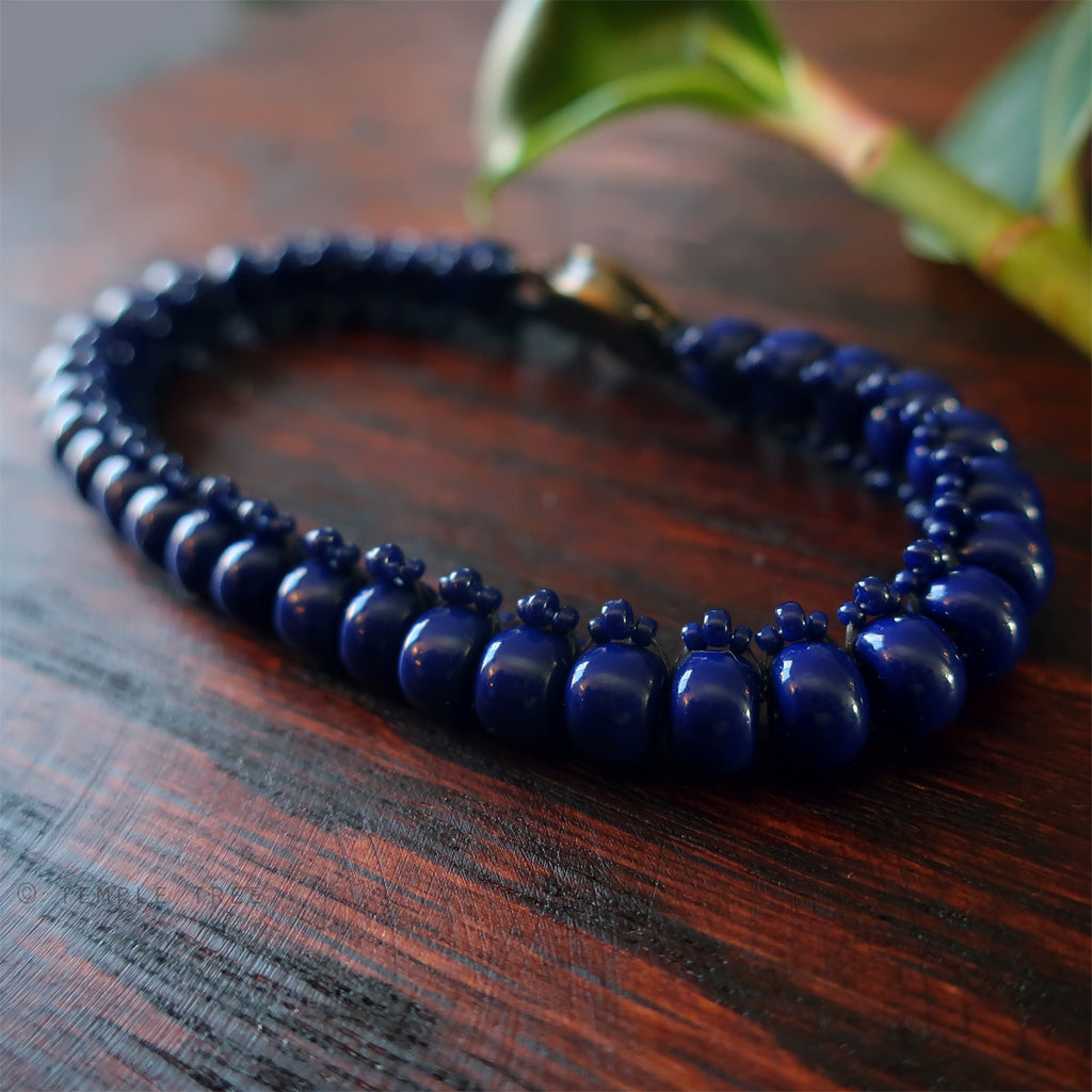 Temple Tree Bohemian Glass Bead Caterpillar Weave Bracelet - Navy