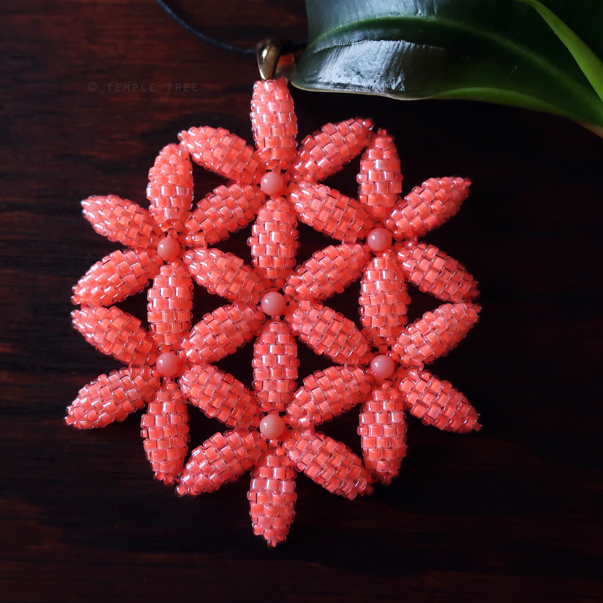 Temple Tree Flower of Life Beaded Pendant - Neon Coral