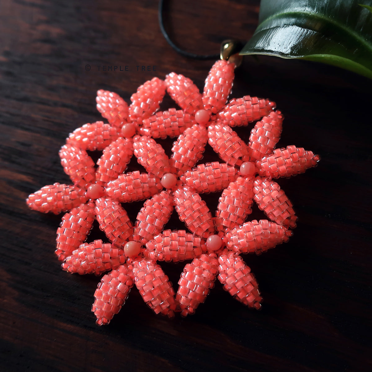 Temple Tree Flower of Life Beaded Pendant - Neon Coral