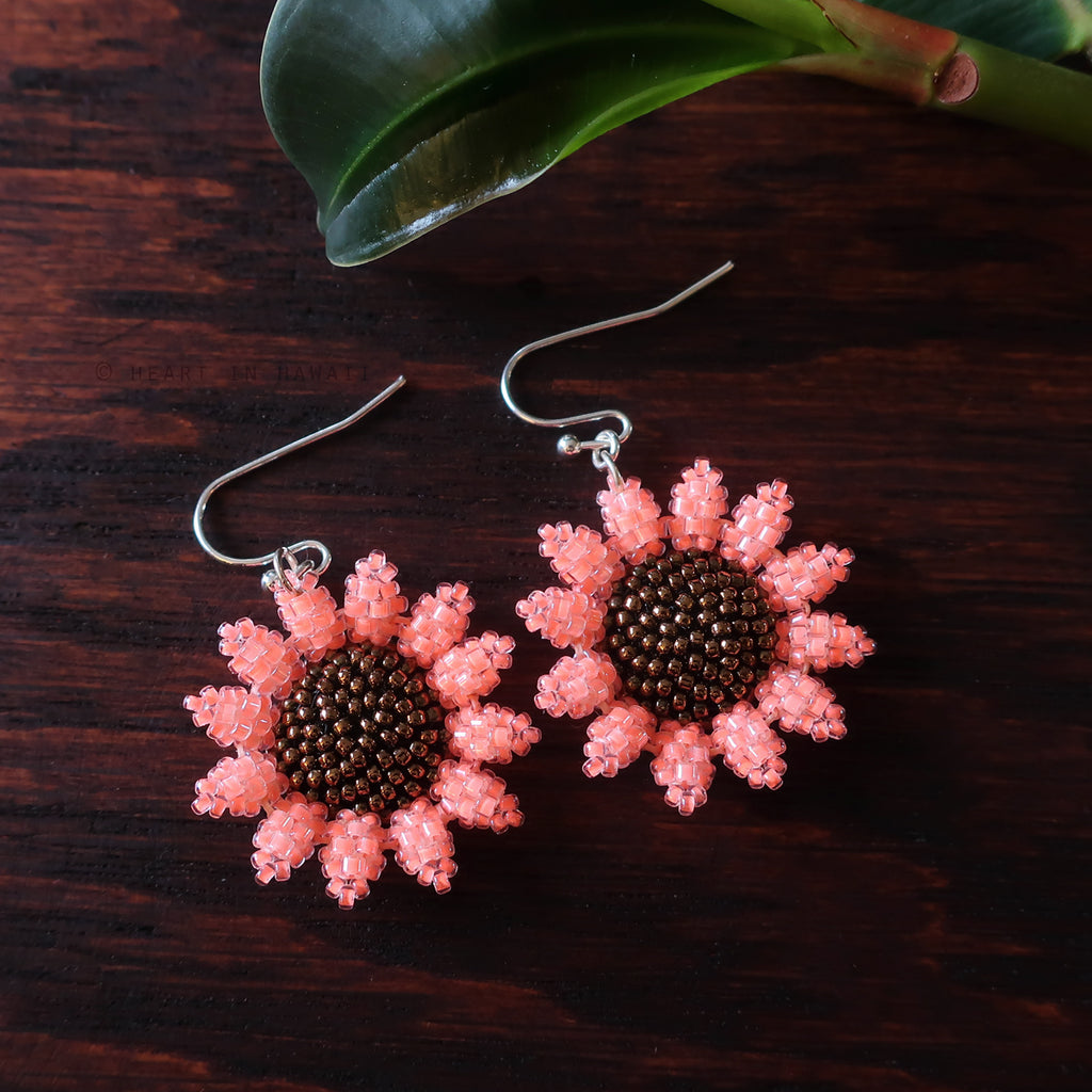 Heart in Hawaii Mini Beaded Sunflower Earrings - Neon Coral