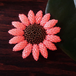 Heart in Hawaii Beaded Sunflower Brooch or Pendant - Neon Coral with Bronze