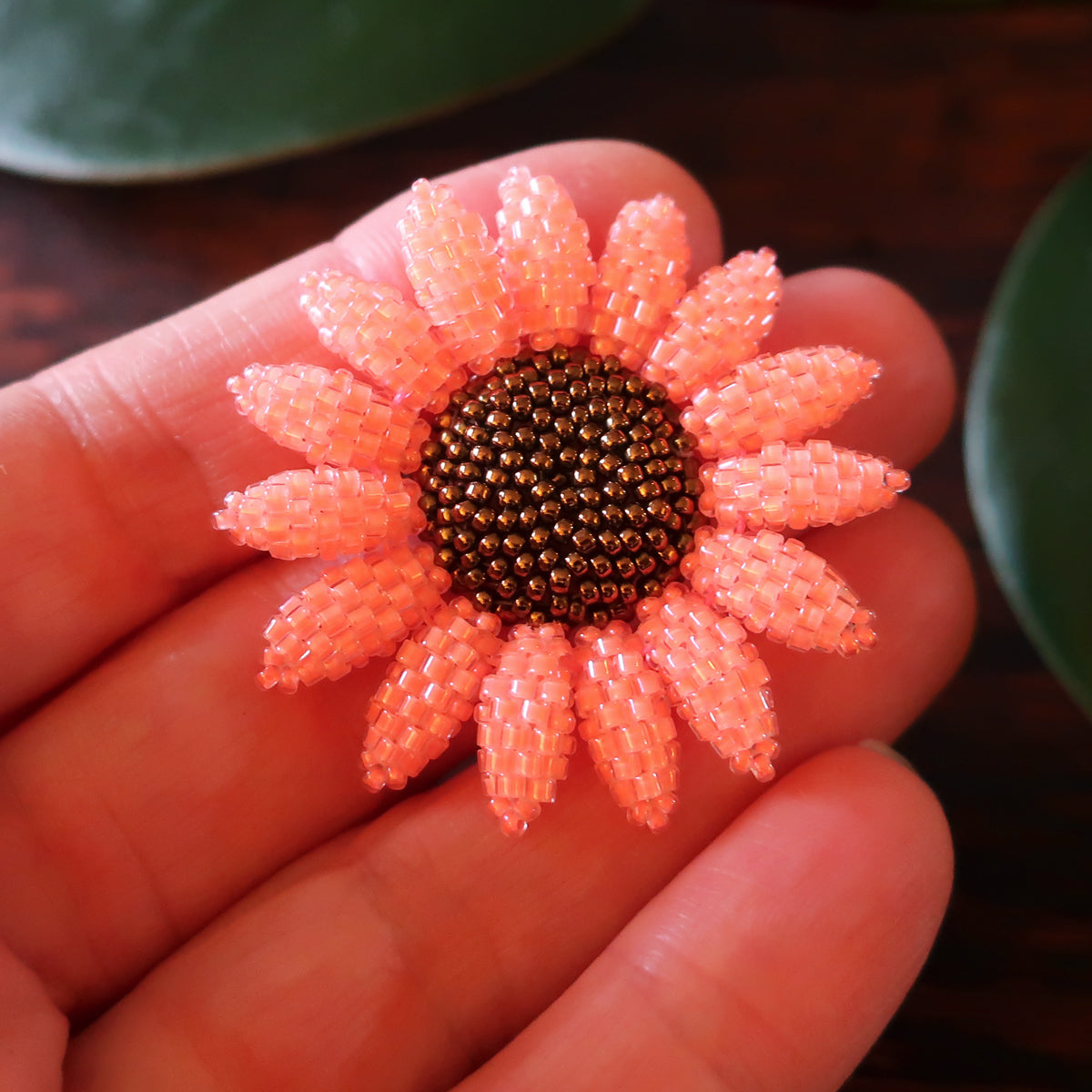 Heart in Hawaii Beaded Sunflower Brooch or Pendant - Neon Coral with Bronze