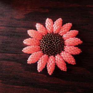 Heart in Hawaii Beaded Sunflower Brooch or Pendant - Neon Coral with Bronze