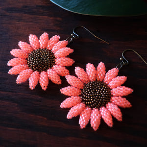Heart in Hawaii Beaded Sunflower Earrings - Neon Coral with Bronze