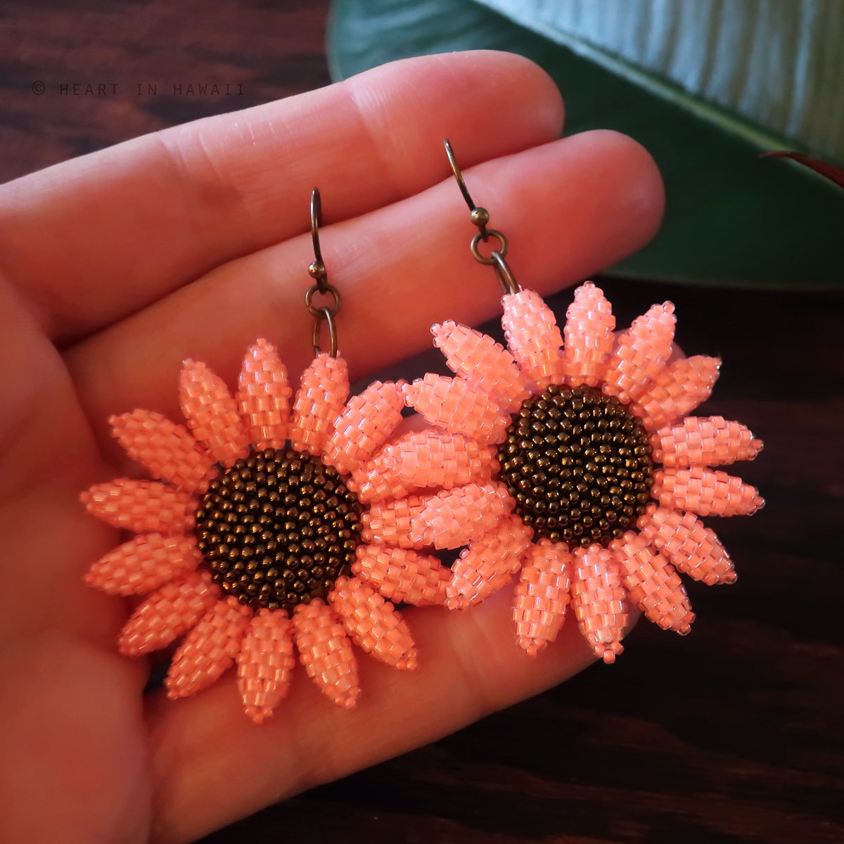 Heart in Hawaii Beaded Sunflower Earrings - Neon Coral with Bronze