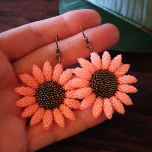 Heart in Hawaii Beaded Sunflower Earrings - Neon Coral with Bronze