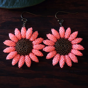 Heart in Hawaii Beaded Sunflower Earrings - Neon Coral with Bronze