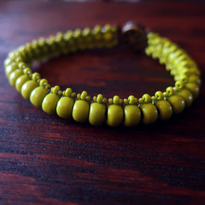 Temple Tree Boho Glass Bead Caterpillar Weave Bracelet - Opaque Olive