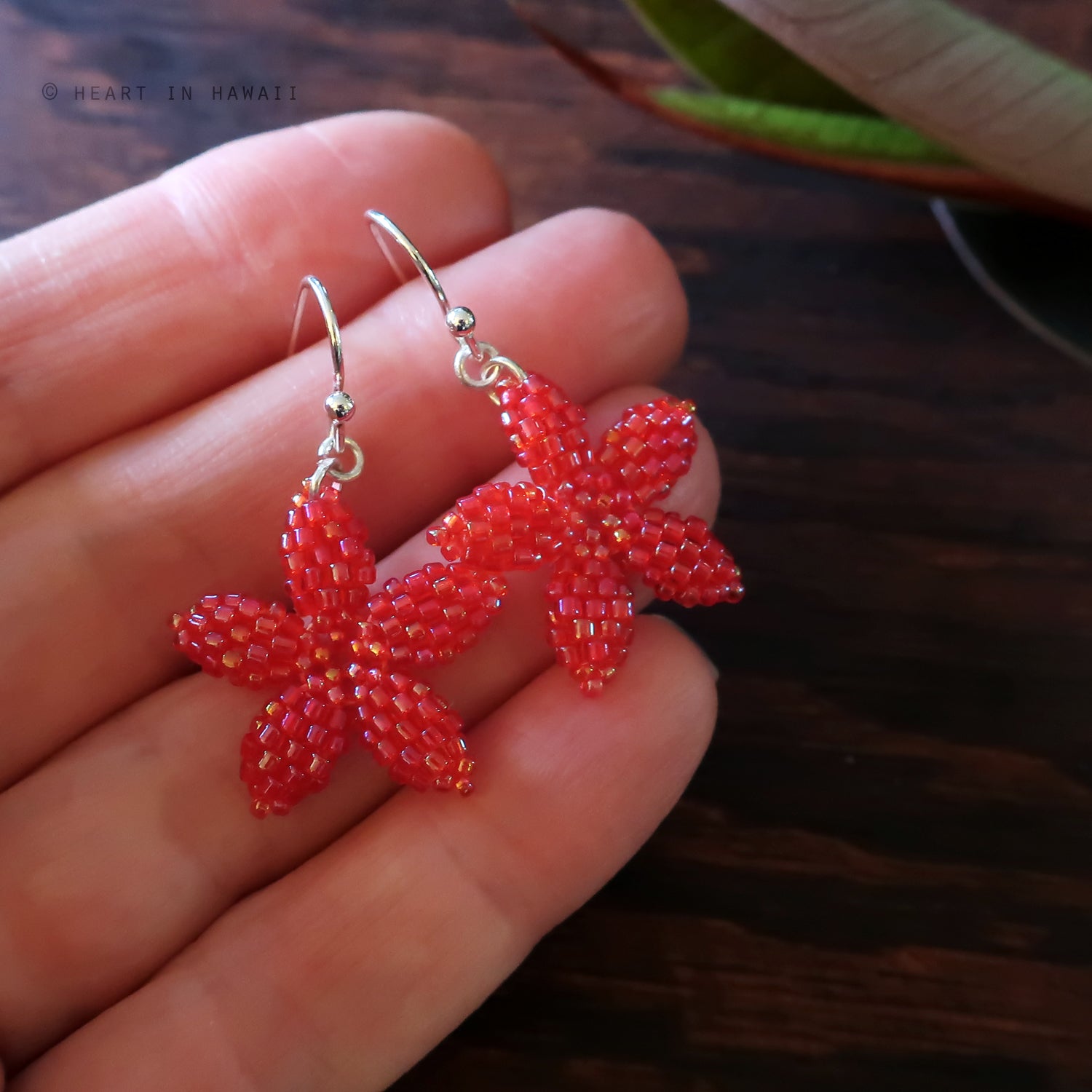 Heart in Hawaii Pua Plumeria Flower Dangles - Opalescent Red