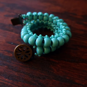 Temple Tree Boho Glass Bead Caterpillar Weave Bracelet - Opaque Aqua