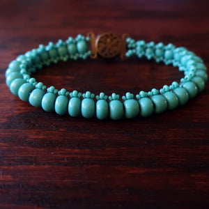 Temple Tree Boho Glass Bead Caterpillar Weave Bracelet - Opaque Aqua