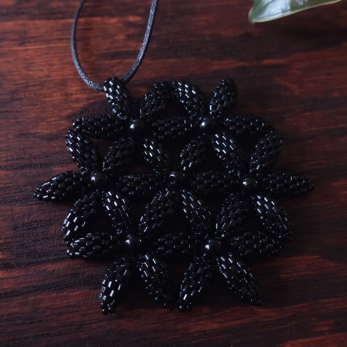 Temple Tree Flower of Life Beaded Pendant - Opaque Black