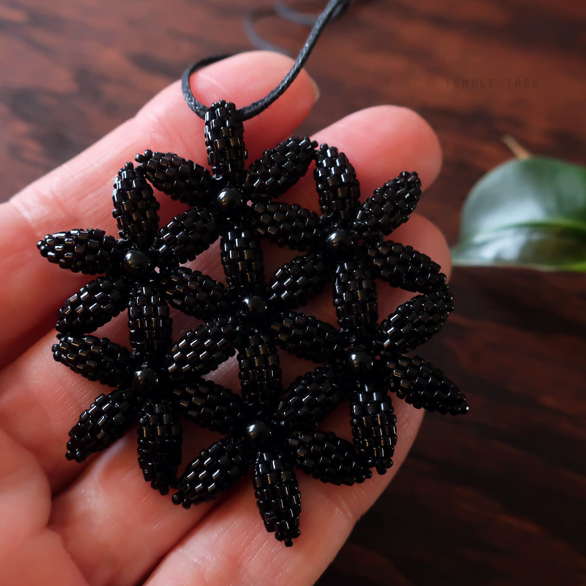 Temple Tree Flower of Life Beaded Pendant - Opaque Black