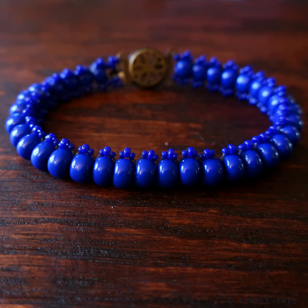 Temple Tree Bohemian Glass Bead Caterpillar Weave Bracelet - Blue