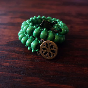 Temple Tree Boho Glass Bead Caterpillar Weave Bracelet - Opaque Green