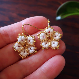 Temple Tree Mandala Flower Beaded Earrings - White and Gold