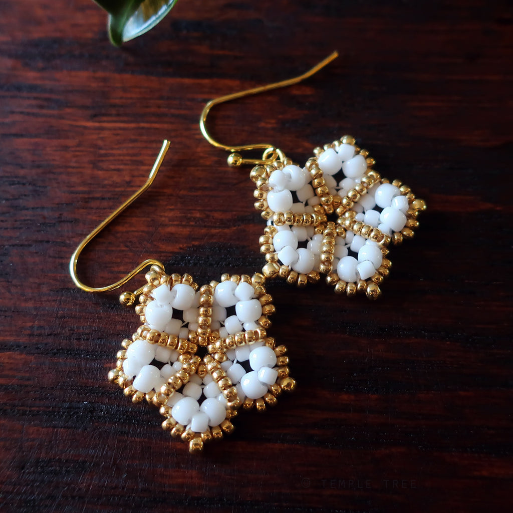 Temple Tree Mandala Flower Beaded Earrings - White and Gold