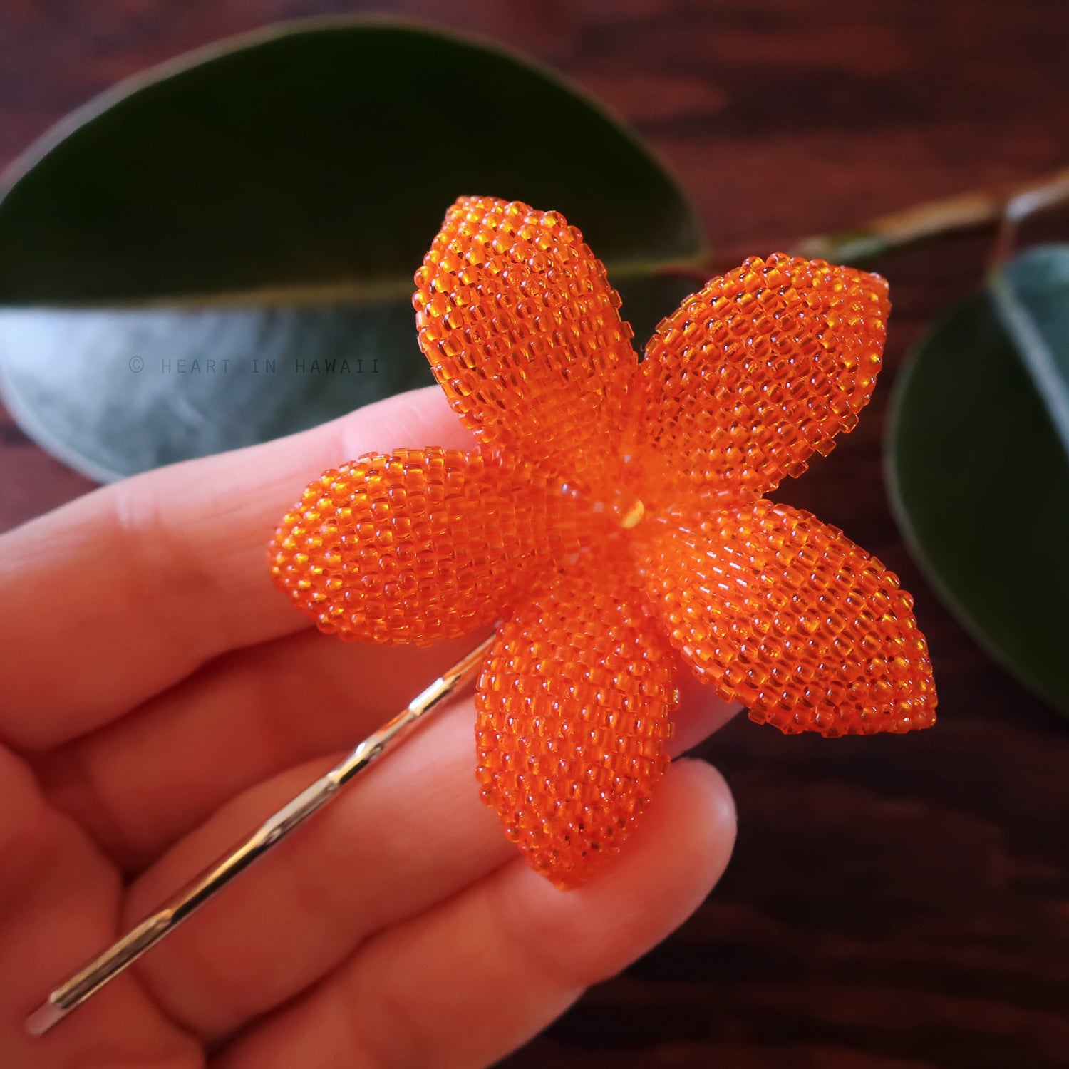 Heart in Hawaii 2.5 Inch Beaded Plumeria Hair Flower - Orange