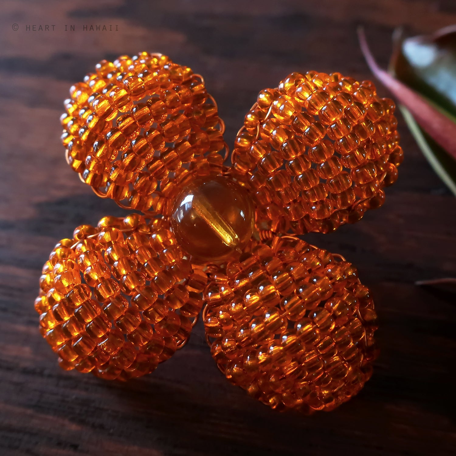 Heart in Hawaii Makalapua Quatrefoil Beaded Flower Brooch - Orange